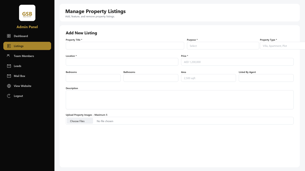 The add-listing form with fields for title, purpose, property type, location, price, bedrooms, bathrooms, area, assigned agent, description and up to five images
